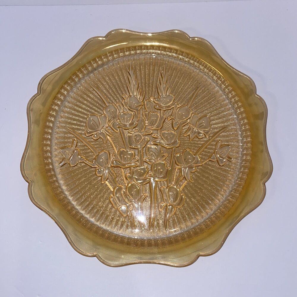 Vintage Iris & Herringbone Carnival Glass Serving Plate – 12" Scalloped Floral